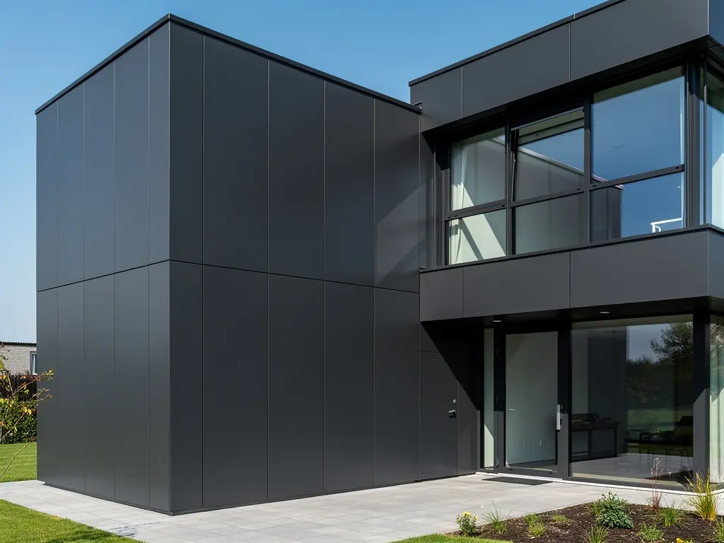 Façade moderne gris anthracite en panneaux composites après isolation des murs