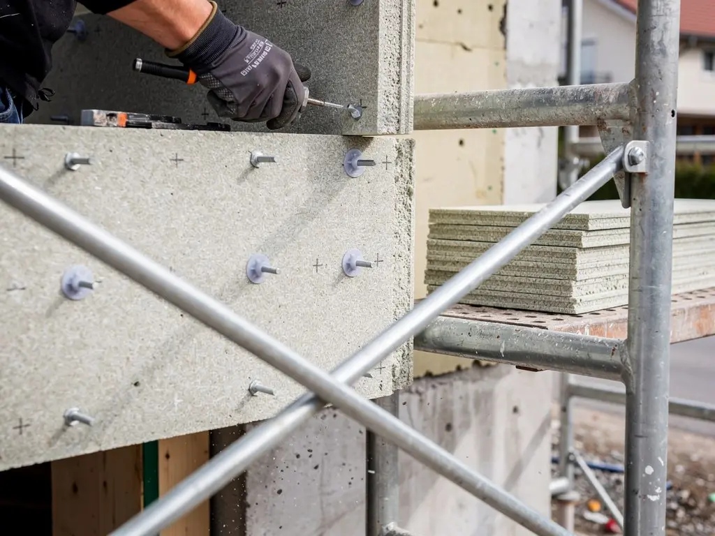 Panneaux isolants fixés et chevillés sur un mur ceinturé par un échafaudage